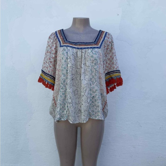Maeve Tops - Maeve Cream Floral Blouse with Blue and Red Trim